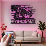 Custom Motorcycle Metal Sign | LED American Flag Wall Art | Personalized Biker Name Plate | Garage Decor for Men