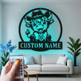 Custom Highland Cow LED Sign | Personalized Metal Wall Art | Western Nursery Decor | Farmhouse Ranch Gift for Her