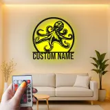 Décoration murale LED en métal pieuvre personnalisée | Plaque avec nom sur mesure | Déco nautique pour bureau et maison côtière | Cadeau pour amoureux de l’océan