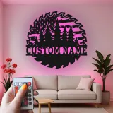 Personalized Saw Blade Metal Sign | Forest & Flag LED Wall Art | Custom Name Cabin Decor | Outdoorsman Gift for Him