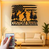 Arte mural de metal personalizado para senderismo | Letrero LED con senderista y bandera de EE. UU. | Regalo para amantes del aire libre