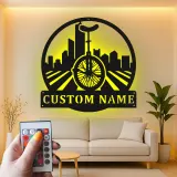Custom Unicycle Cityscape Led Light Metal Wall Art Unique Gift for Cyclists Urban Decor for Living Room