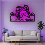 Décoration murale en métal personnalisée pour chien Shetland LED - Cadeau pour maman chien - Décor pour animaux de compagnie