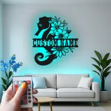 Custom Seahorse Name Sign | Floral Metal Wall Art with LED | Ocean Decor for Beach House | Personalized Nautical Gift