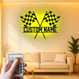 Custom LED Racing Flags Sign | Personalized Metal Garage Decor | Motorsport Wall Art | Premium Racer Gift