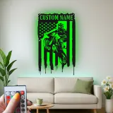 Personalized Motocross Metal Sign | LED American Flag Wall Art | Custom Dirt Bike Decor for Garage, Man Cave & Race Fans