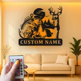 Cartel de metal LED personalizado de ciervo y pesca de lubina regalo para amantes del aire libre decoración de cabaña