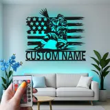 Panneau LED personnalisé pour pompier | Décoration murale en métal personnalisée avec drapeau américain | Cadeau patriotique pour pompier | Décor de caserne