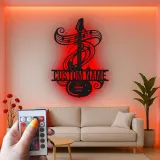 Personalized Guitar LED Sign | Custom Metal Wall Art for Music Studio | Musician Name Plaque with Music Notes