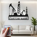 Oil Rig LED Metal Wall Art | Custom Oilfield Name Sign for Office | Industrial Drilling Decor Gift for Engineer