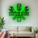 Custom LED Mechanic Sign | Metal Piston & Wrenches Wall Art | Personalized Garage Decor | Auto Shop Lighted Gift