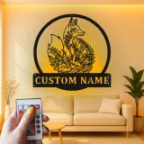 Plaque prénom renard personnalisée | Décoration murale LED en métal pour chambre d’enfant | Déco animalière forêt | Veilleuse pour chambre d’enfant