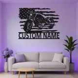 Custom Motorcycle Metal Sign | LED American Flag Wall Art | Personalized Biker Name Plate | Garage Decor for Men