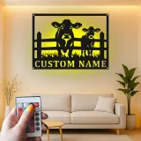 Insegna in metallo LED personalizzata con mucca e vitello - Regalo per agricoltori - Decorazione rustica per fienile