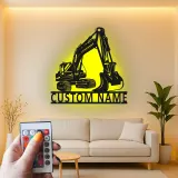 Décoration murale en métal personnalisée avec rétroéclairage pour excavateur - Cadeau de construction pour lui - Décor de garage pour passionnés d'équipement lourd