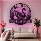 Swan Metal Wall Art with LED | Custom Name Sign for Home | Personalized Wildlife Pond Decor | Elegant Housewarming Gift