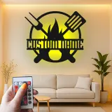 Insegna in metallo personalizzata con BBQ Grill e luce LED regalo personalizzato per maestro della griglia decorazione per patio all'aperto