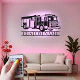Insegna in metallo personalizzata con autopompa | Decorazione murale LED per vigili del fuoco | Decorazione su misura con nome per caserma | Regalo per pompiere
