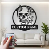 Floral Skull LED Metal Sign | Personalized Gothic Wall Art | Custom Name Decor for Bedroom, Studio & Living Room