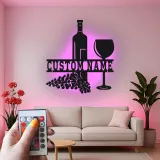 Décoration murale en métal personnalisée pour bouteille et verre de vin avec rétroéclairage LED - Cadeau personnalisé pour les amateurs de vin - Décor de cuisine ou de bar