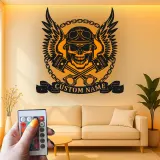 Cartel de garaje personalizado para moteros | Arte mural de calavera de metal LED | Decoración personalizada para motocicletas en el man cave o taller