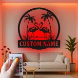 Cartel de metal LED de flamenco | Cartel tropical personalizado | Decoración de casa de playa y salón a medida | Luz de palmera costera