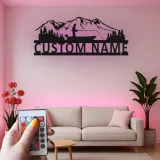 Décoration murale LED en métal pour pêcheur personnalisée | Plaque au prénom du pêcheur pour maison de lac | Cadeau pour amateur de plein air