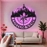 Cartel de metal personalizado de brújula de cazador | Decoración mural LED para cabaña | Regalo con nombre a medida para amantes del aire libre