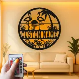 Personalized Flamingo Metal Sign | LED Tropical Wall Art for Patio & Beach House | Custom Name Sunset Decor