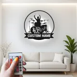 Décoration murale en métal LED personnalisée pour batteur - Cadeau musicien pour salle de musique