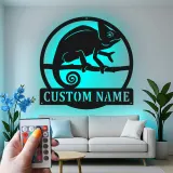 Cartel de metal LED personalizado de camaleón, regalo único para amantes de los reptiles, decoración de dormitorio o salón 1