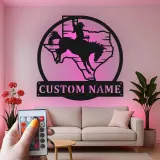 Panneau Métal Personnalisé Rodeo | Art Murale LED Cowboy du Texas | Décor Western Personnalisé pour Maison de Ranch ou Cadeau
