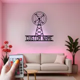 Personalisierte LED Metall-Wandkunst eines Funkmastes | Individuelles Retro-Broadcasting-Schild | Vintage Radio Antenne Dekor für Studio & Büro