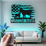 Personalisierte Kuh-und-Kalb LED-beleuchtete Metall-Wandkunst mit amerikanischer Flagge – Landhausgeschenk für Landwirte, rustikale Wohndeko 1