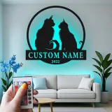 Custom Cat Couple Led Light Metal Wall Art Personalized Pet Lover Gift Living Room or Bedroom Decor