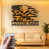 Panneau de garage mécanicien personnalisé | Art mural en métal crâne avec LED | Décor de cave à vin avec drapeau américain | Cadeau pour lui