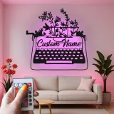 Décoration murale en métal personnalisée avec LED en forme de machine à écrire et fleurs - Cadeau pour écrivain