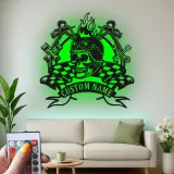 Custom Biker Skull LED Metal Sign | Personalized Motorcycle Wall Art | Garage & Man Cave Decor with Remote