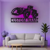 Décoration murale en métal LED personnalisée pour excavateur - Cadeau pour passionnés de construction - Décor de garage ou de bureau