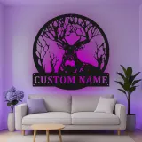 Insegna in metallo LED personalizzata con cervo e foresta, regalo per amanti della natura, decorazione rustica per cabin