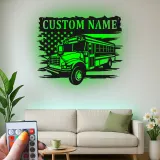 Personalized School Bus Driver LED Sign | American Flag Metal Wall Art | Custom Name Gift for Garage or Office Decor