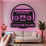 Cartel de metal personalizado con luz LED de boombox, regalo para amantes de la música, decoración retro para sala de juegos