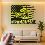 Cartel de Metal de Cortacésped | Decoración LED Personalizada para Paisajistas | Decoración de Bandera Americana con Nombre Personalizado | Regalo para Garaje y Jardín