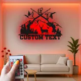 Custom Hunting Scene Metal Wall Art | Personalized LED Sign with Deer & Ducks | Rustic Cabin Decor Gift for Hunter