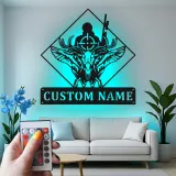 Enseigne LED personnalisée chasseur et crâne de cerf | Décoration murale en métal sur mesure pour chalet | Cadeau de chasse pour homme