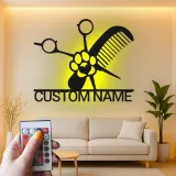 Personalized Pet Groomer Sign | Custom Metal LED Wall Art | Grooming Salon Decor with Name | Scissors & Comb Logo