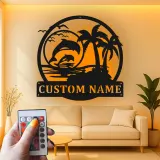 Décoration murale en métal personnalisée avec scène de plage de dauphins et rétroéclairage LED - Cadeau pour amoureux de l'océan - Décor côtier