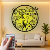 Cartel personalizado del jardín de la abuela | Arte mural de metal LED | Decoración floral de mariposa personalizada | Regalo del Día de la Madre para Nana