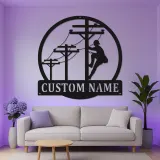 Décoration murale LED en métal pour lineman | Plaque prénom personnalisée pour électricien | Déco pour technicien de ligne