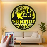 Personalisierte Nautische LED-Wandkunst | Individuelles Schiffs- und Kompass-Metallschild | Vintage Küstendekor für Zuhause oder Büro